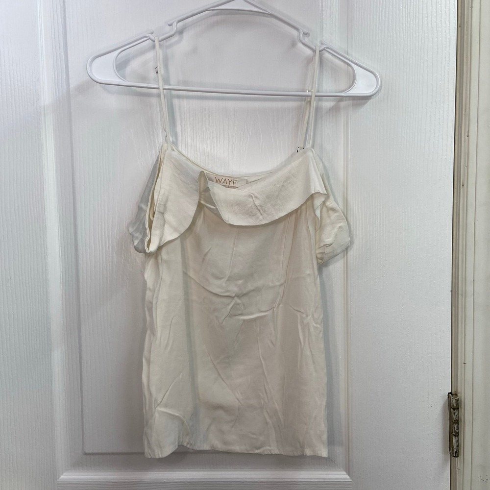 WAYF ivory satin off shoulder adjustable tank top ruffle‎ split hem neutral M